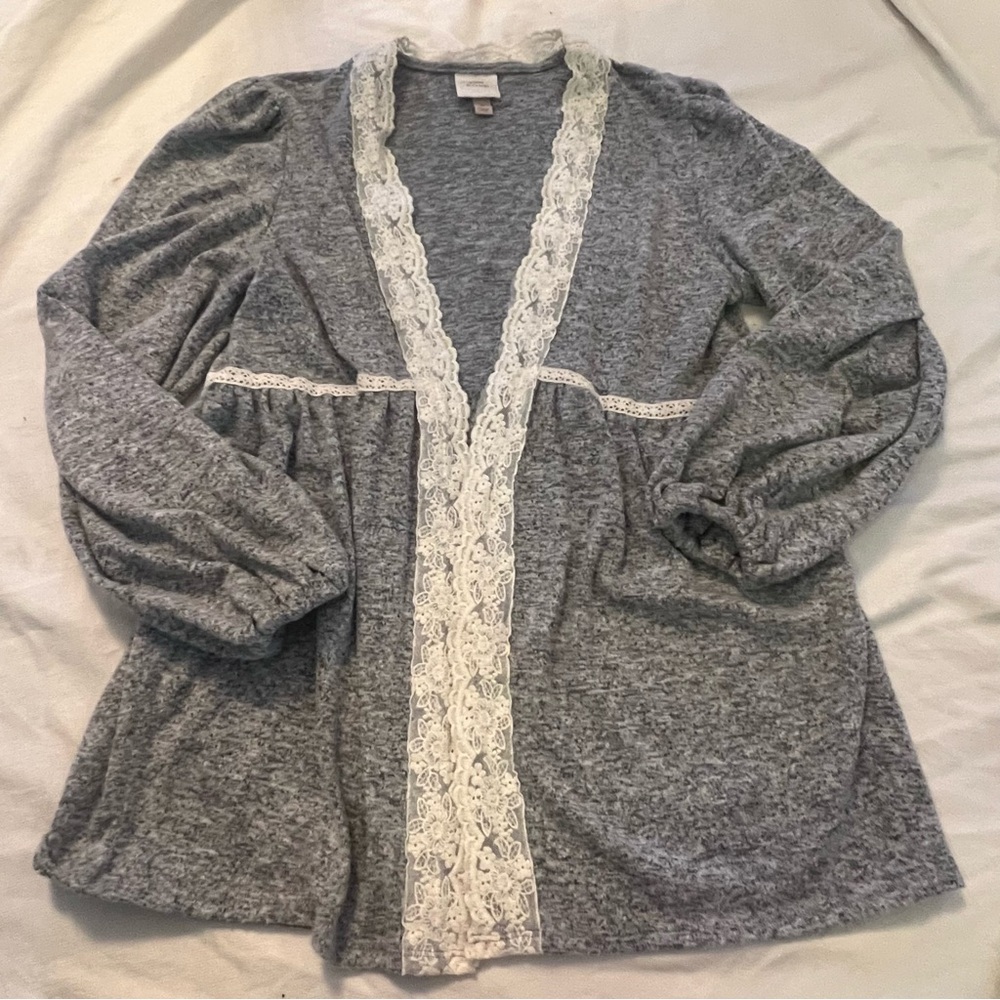 Gray Lace Trim Cardigan Sweater